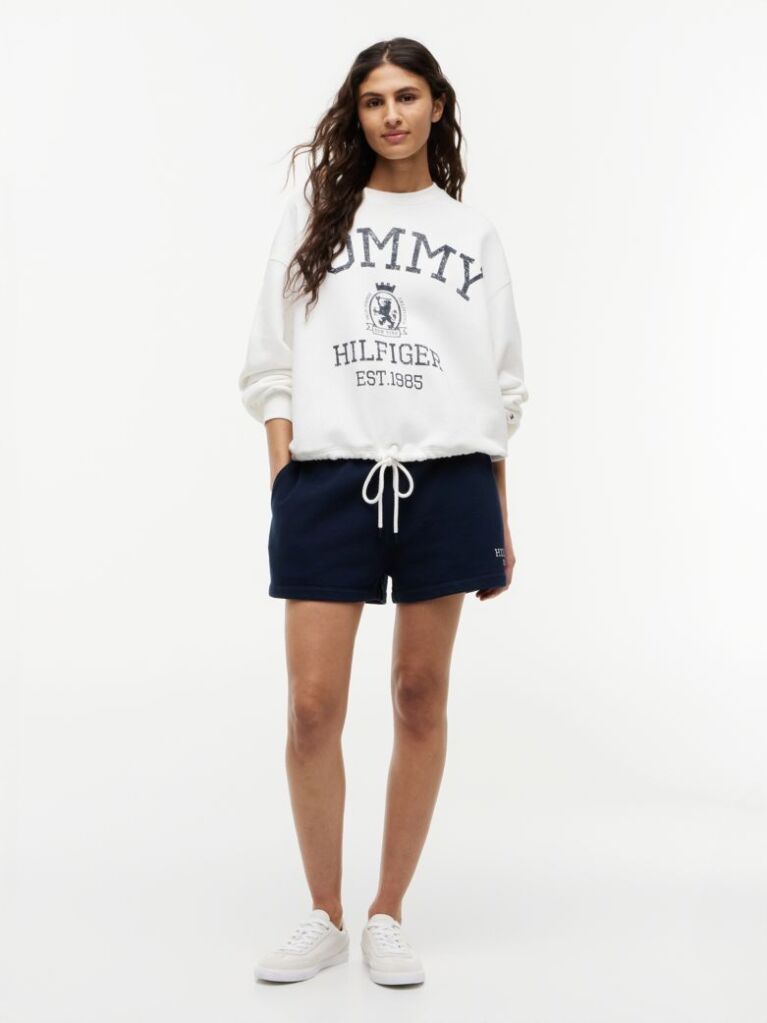 White Crest Logo Drawstring Hem Relaxed Sweatshirt  Women