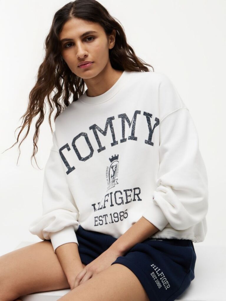 White Crest Logo Drawstring Hem Relaxed Sweatshirt  Women