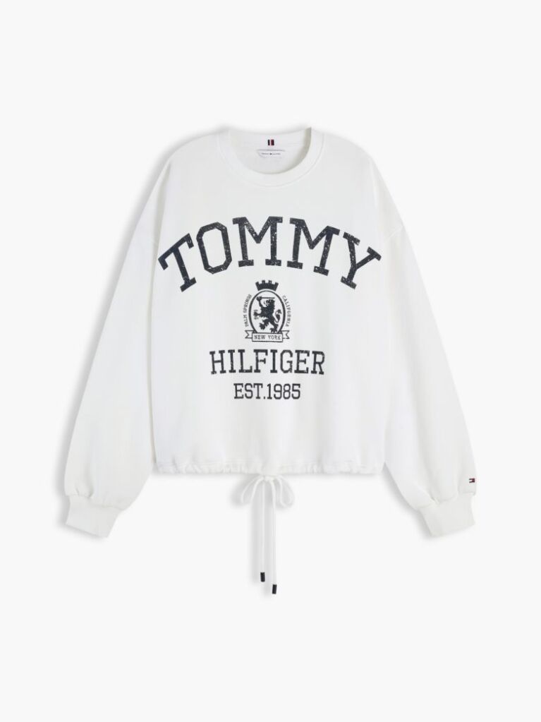 White Crest Logo Drawstring Hem Relaxed Sweatshirt  Women
