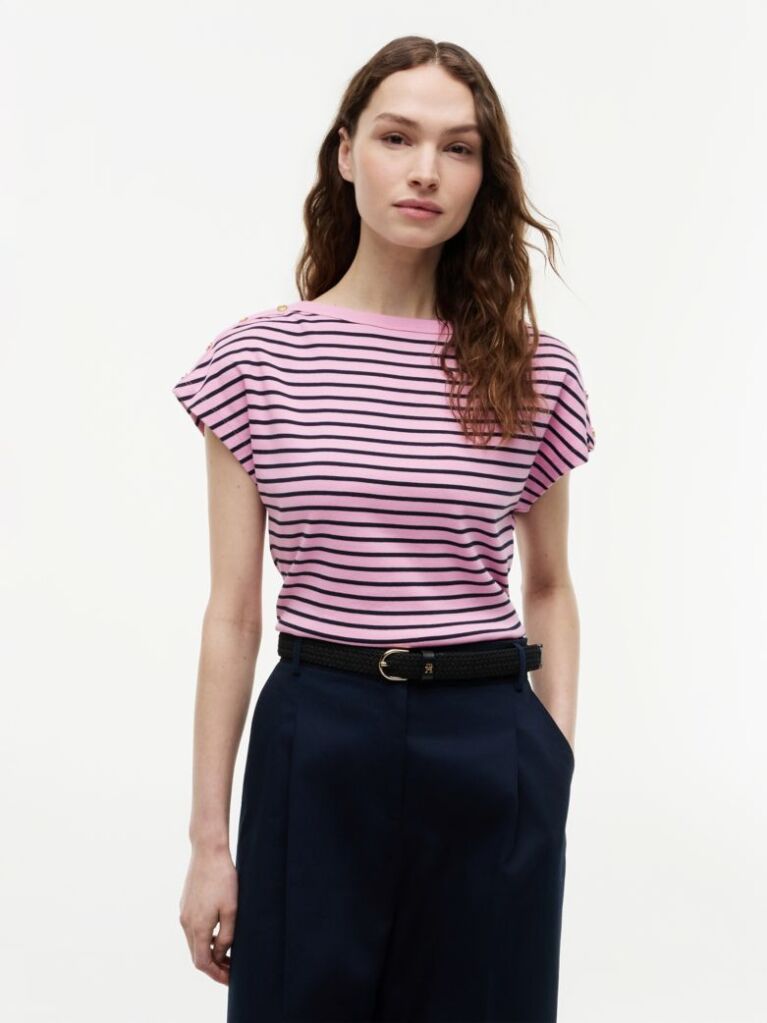 Multi Gold-Tone Button Boat Neck T-Shirt  Women