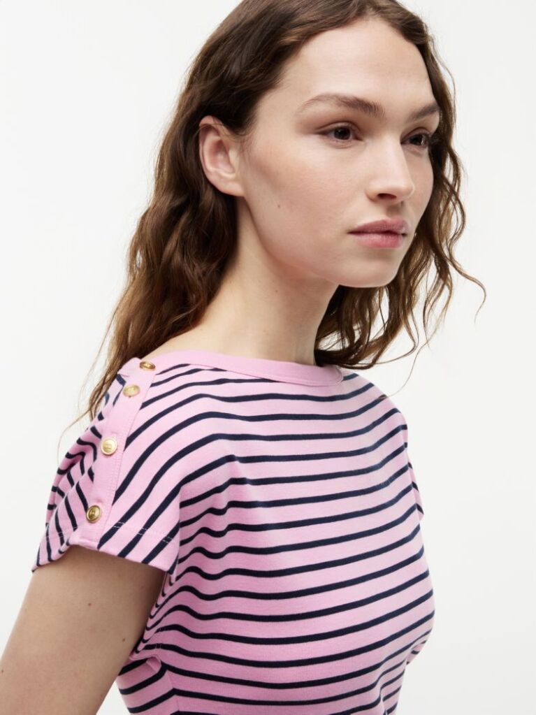 Multi Gold-Tone Button Boat Neck T-Shirt  Women
