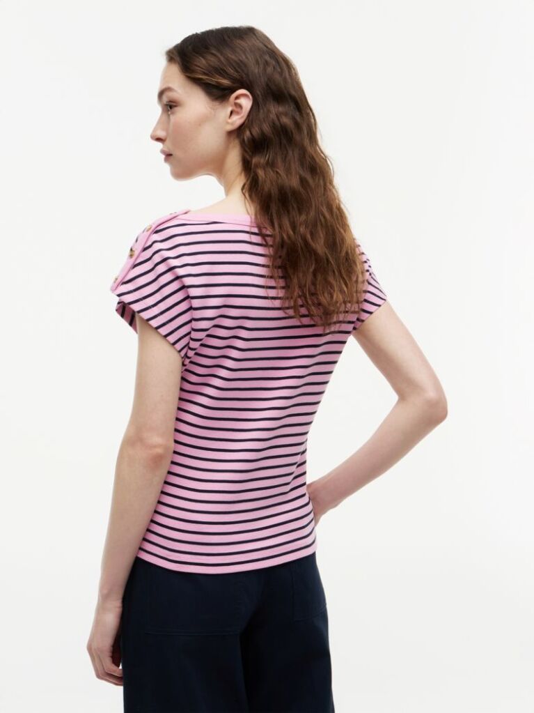 Multi Gold-Tone Button Boat Neck T-Shirt  Women