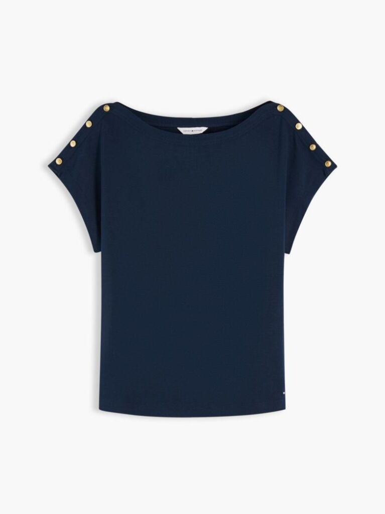 Blue Gold-Tone Button Boat Neck T-Shirt  Women