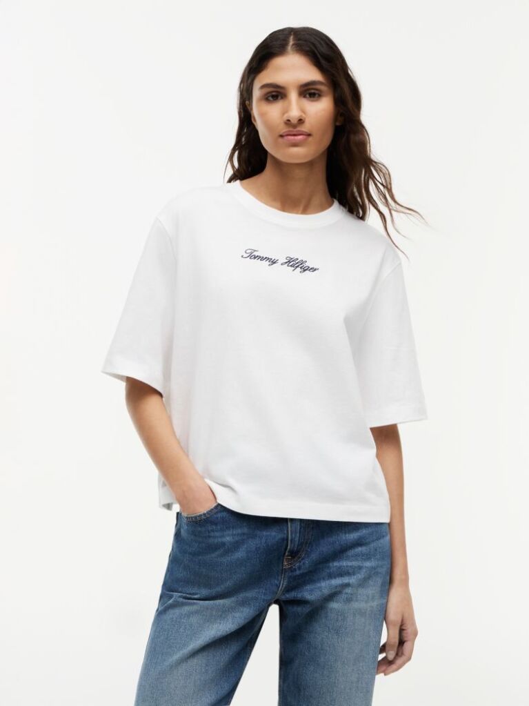 White Logo Embroidery Relaxed Crew Neck T-Shirt  Women
