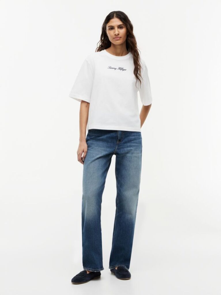 White Logo Embroidery Relaxed Crew Neck T-Shirt  Women