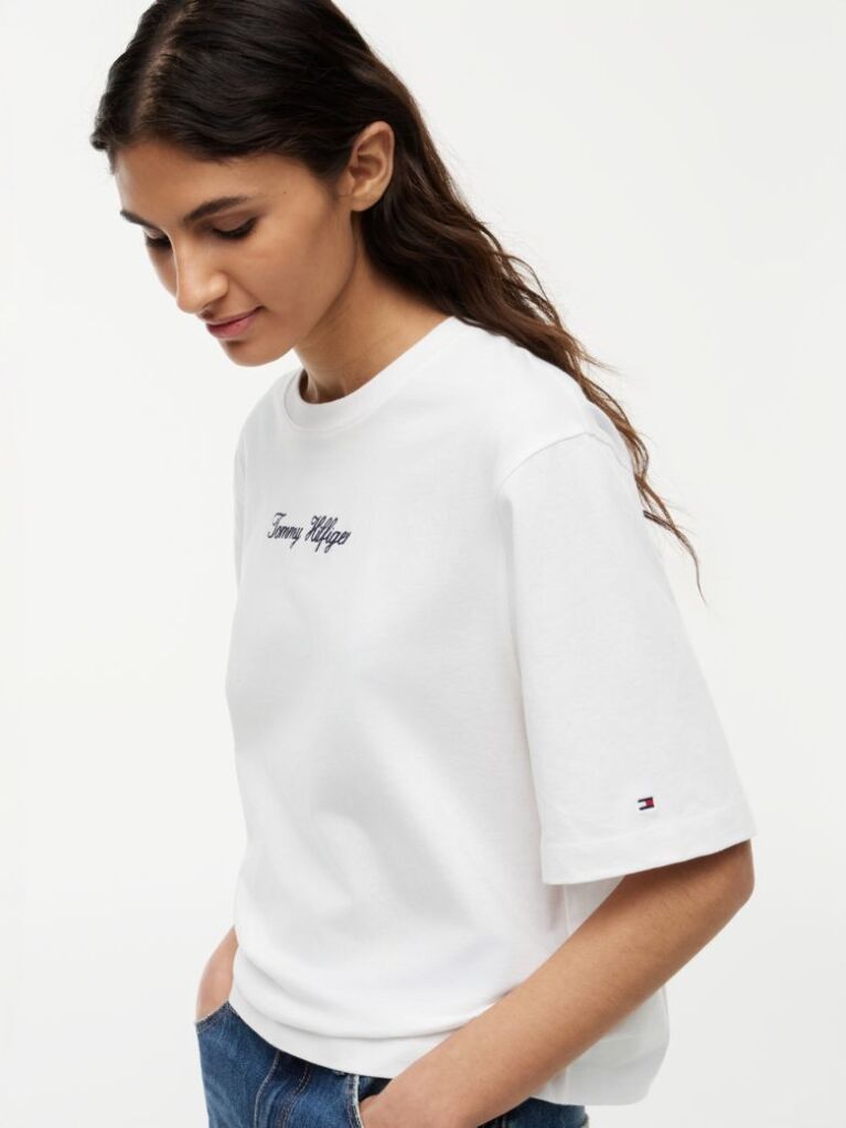 White Logo Embroidery Relaxed Crew Neck T-Shirt  Women