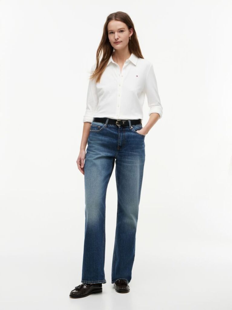 Blue Gold-Tone Button Mid Rise Loose Straight Jeans  Women