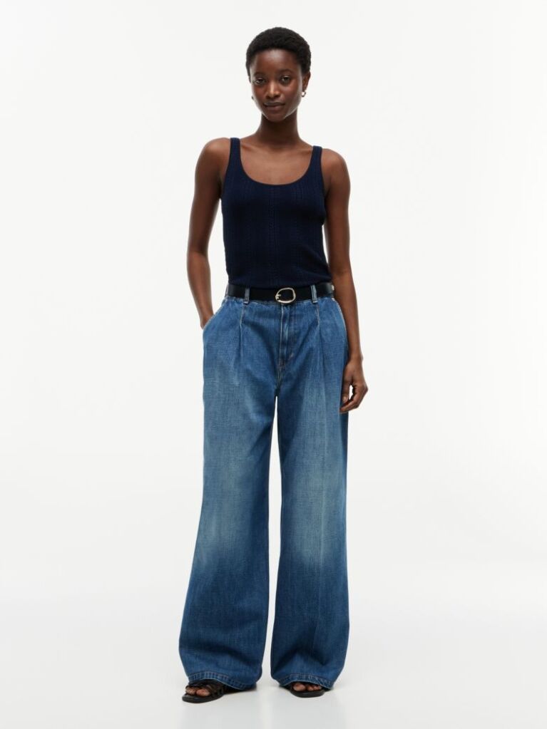 Blue Pleated Mid Rise Wide Leg Jeans  Women