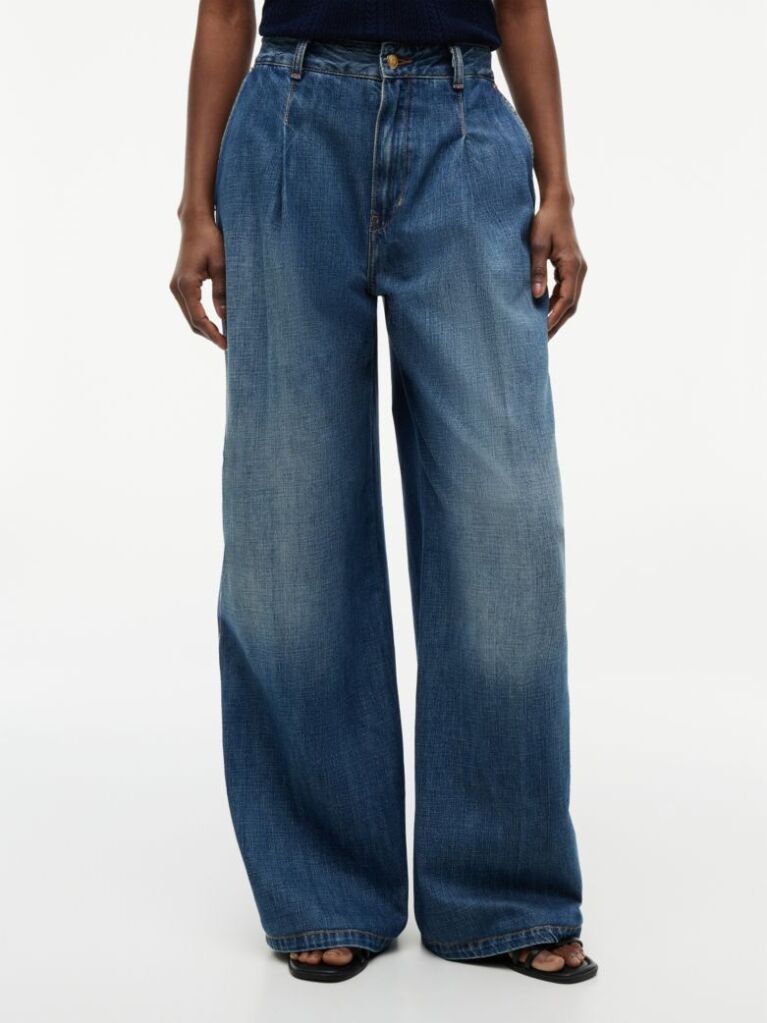 Blue Pleated Mid Rise Wide Leg Jeans  Women