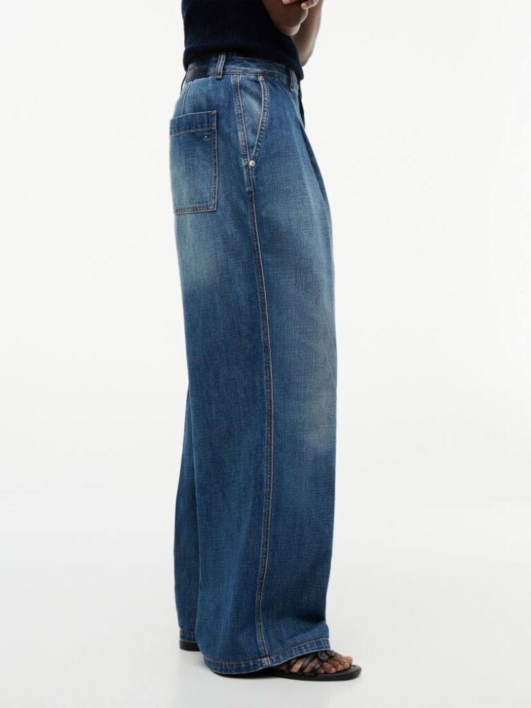 Blue Pleated Mid Rise Wide Leg Jeans  Women