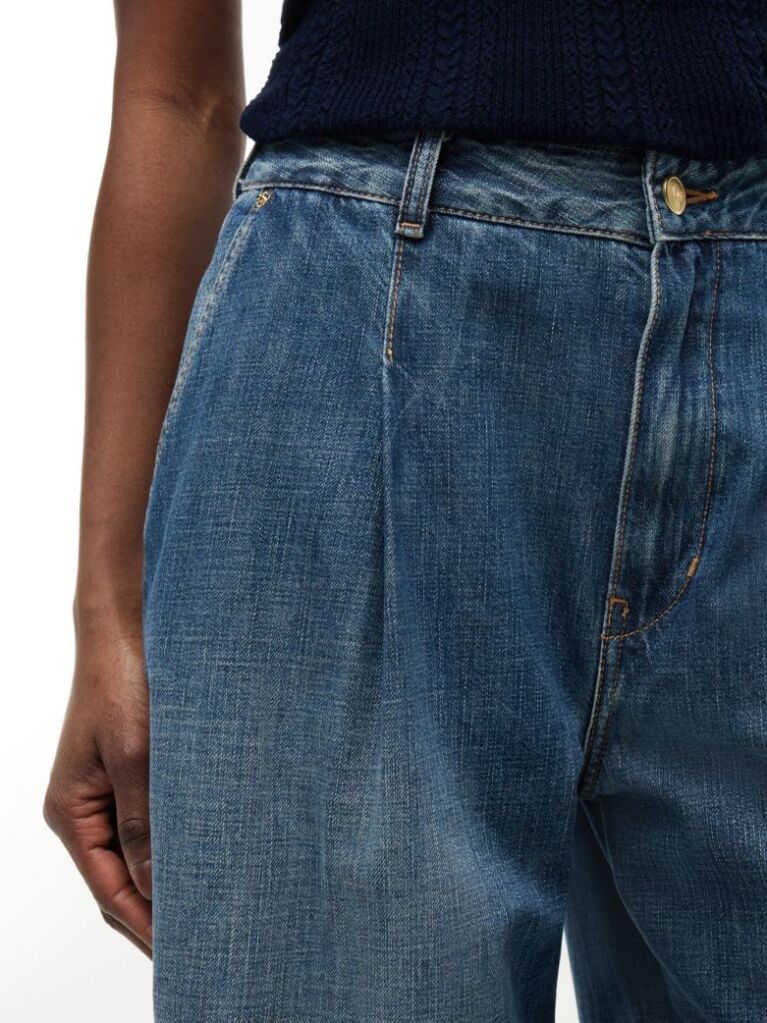 Blue Pleated Mid Rise Wide Leg Jeans  Women