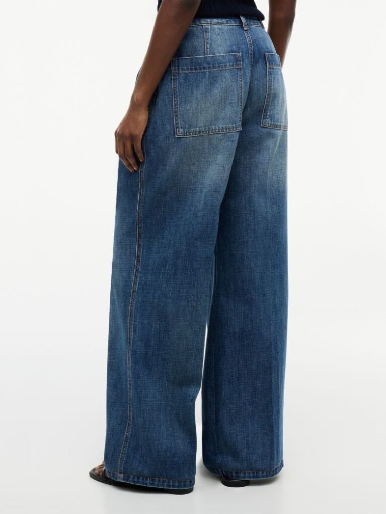 Blue Pleated Mid Rise Wide Leg Jeans  Women