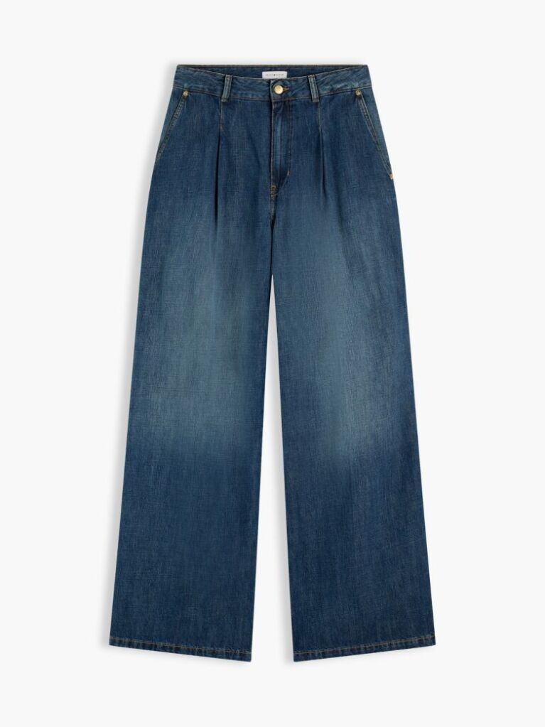 Blue Pleated Mid Rise Wide Leg Jeans  Women
