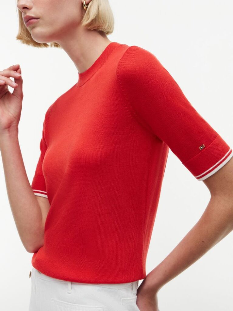 Red Tipped Short Sleeve Jumper With Silk  Women