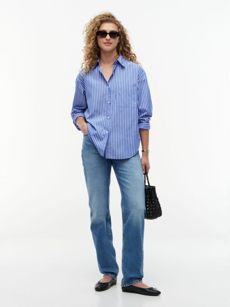 Multi Oversized Fit Stripe Shirttail Hem Poplin Shirt  Women