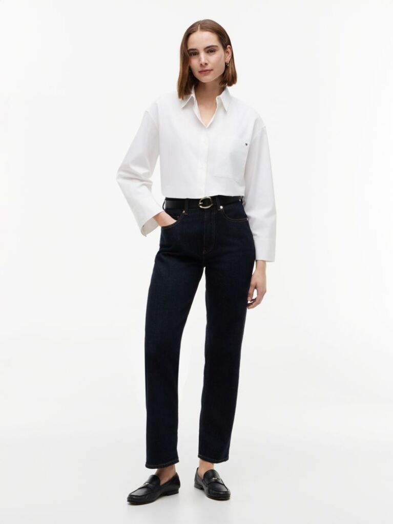White Oversized Fit Flag Embroidery Poplin Shirt  Women