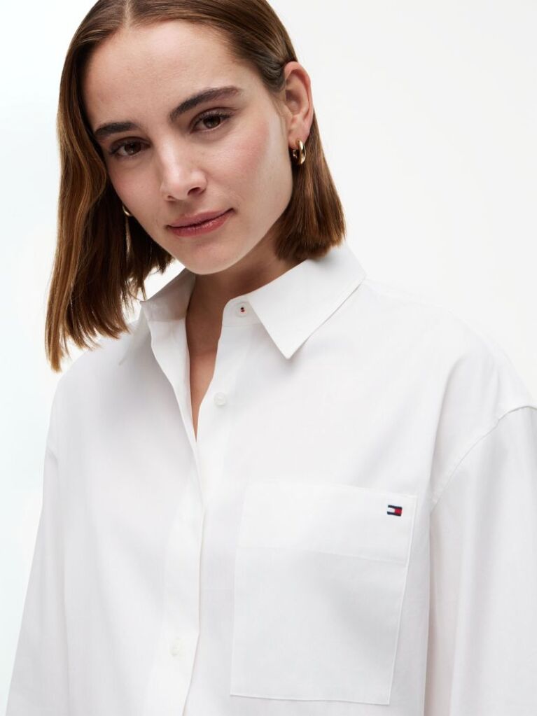White Oversized Fit Flag Embroidery Poplin Shirt  Women