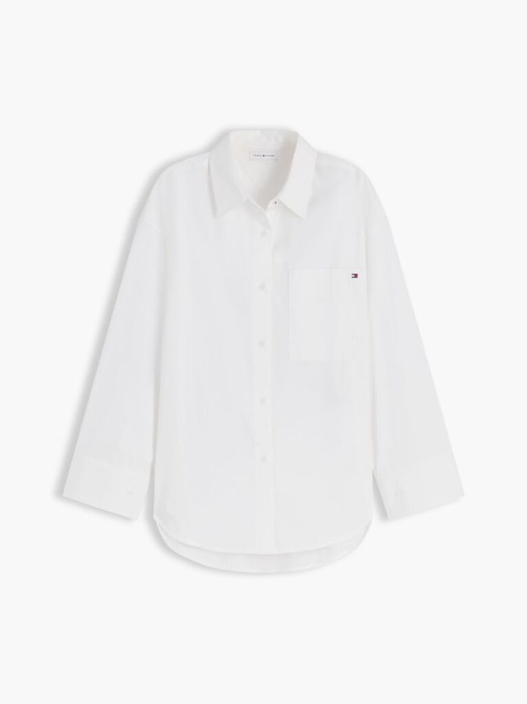 White Oversized Fit Flag Embroidery Poplin Shirt  Women