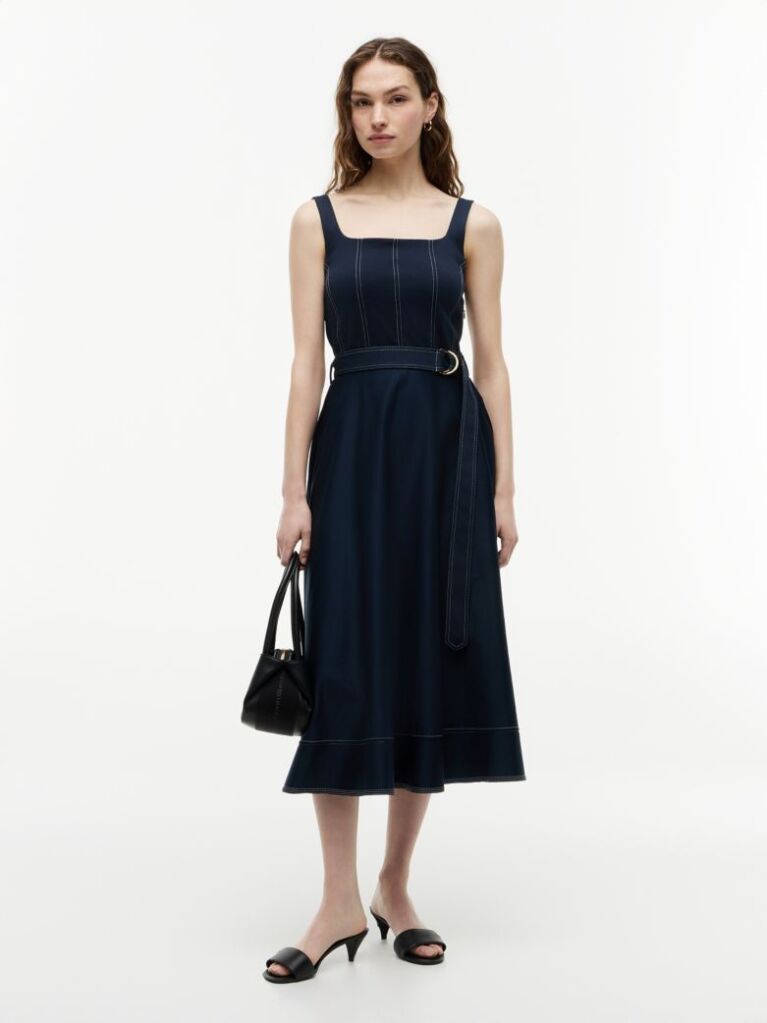 Blue Topstitch Square Neck Belted Midi Dress  Women
