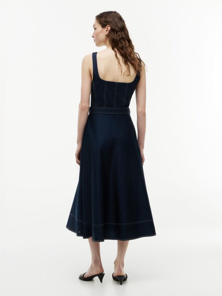 Blue Topstitch Square Neck Belted Midi Dress  Women