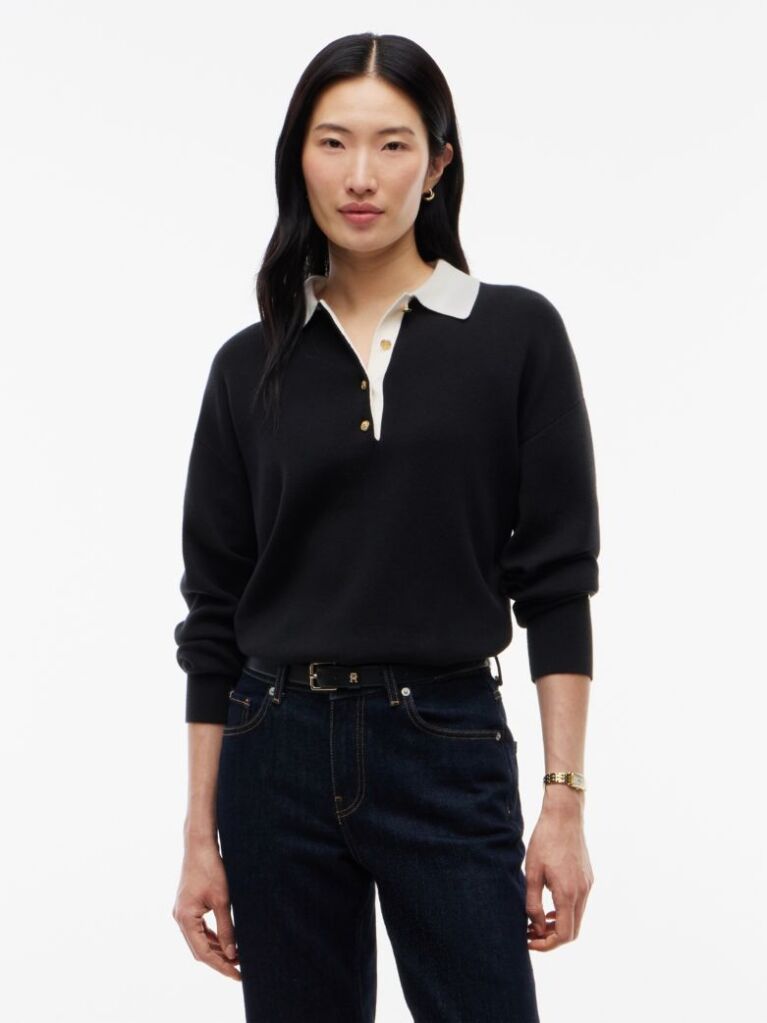 Black Premium Knit Gold-Tone Button Polo Jumper  Women