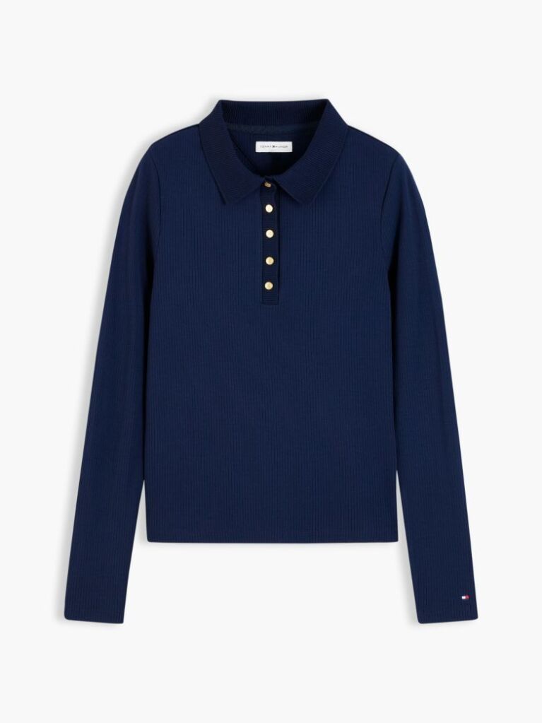 Blue Slim Fit Ribbed Long Sleeve Polo Shirt  Women