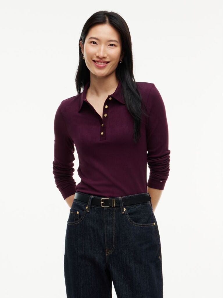 Red Slim Fit Ribbed Long Sleeve Polo Shirt  Women