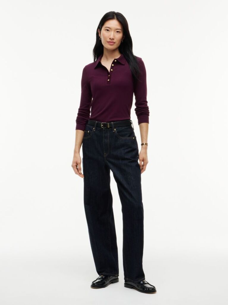 Red Slim Fit Ribbed Long Sleeve Polo Shirt  Women