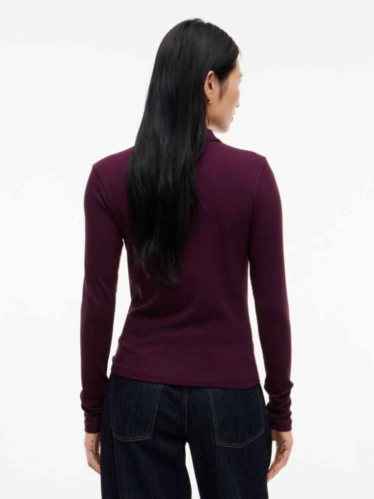Red Slim Fit Ribbed Long Sleeve Polo Shirt  Women