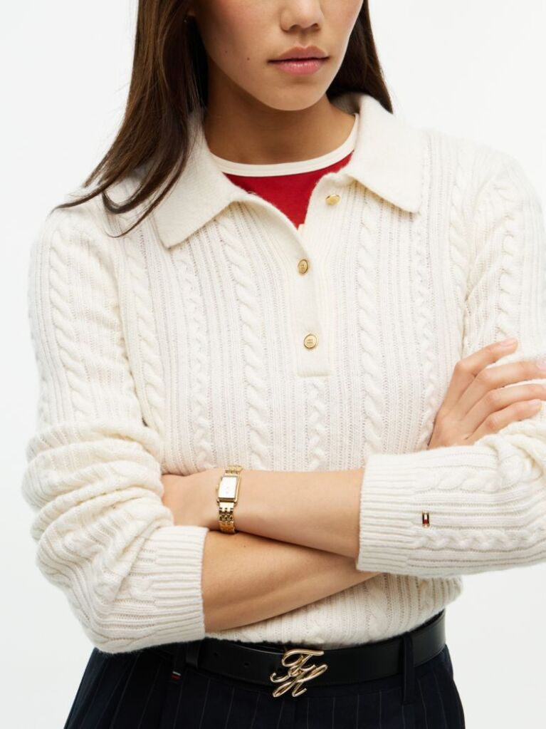 Beige Wool Blend Cable Knit Polo Jumper  Women