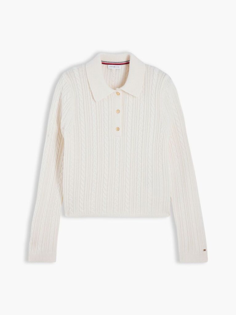 Beige Wool Blend Cable Knit Polo Jumper  Women